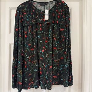 Lane Bryant Black Blouse with Red and Blue Floral Design